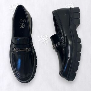 MAN Black Faux Patent Chunky Lug Sole Silver Metal Chain Platform Loafers US 9